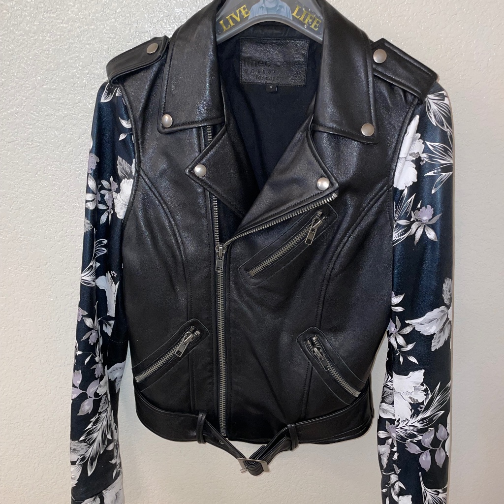 Linea Pelle Black Soft Leather Flower Veda Moto Jacket Size S
